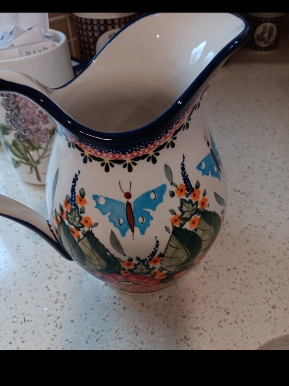 Hand-Painted Blue Butterfly Ceramic Pitcher Blue Rose Polish Pottery